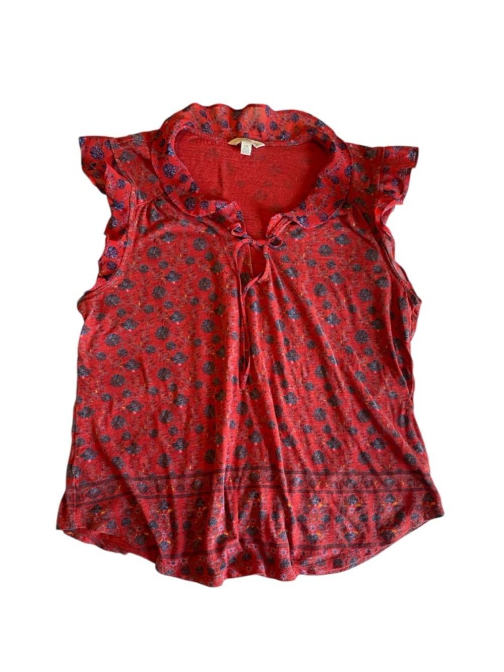 Lucky Brand Red Floral Ruffle-Neck Sleeveless Top Size Large
